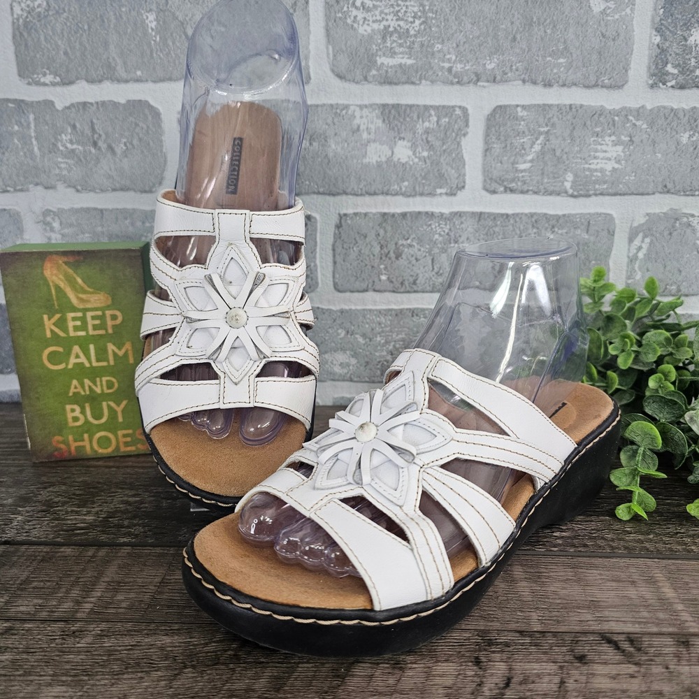 Clarks Collection White Leather Floral Wedge Slide Sandals 6.5 M 261330304040